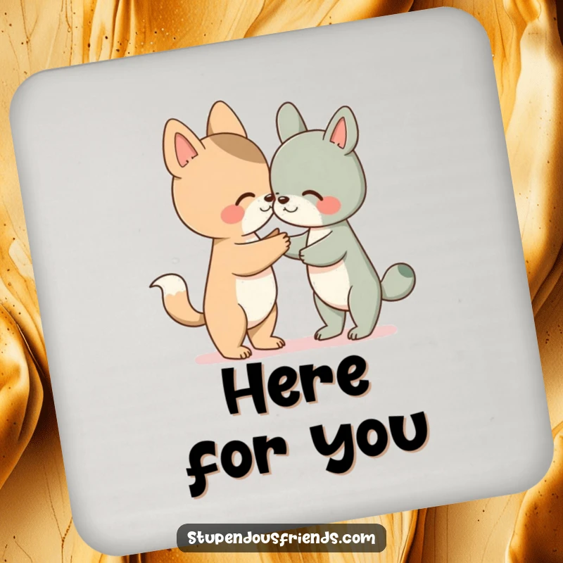 Funny coasters featuring an animal character offering a helping paw, protecting surfaces with warmth and humor.