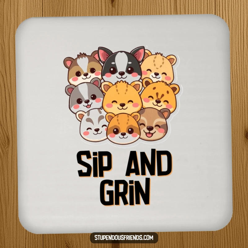 Funny animal smile coasters featuring a variety of cheerful animal heads, protecting furniture with a touch of humor. Perfect funny gift.