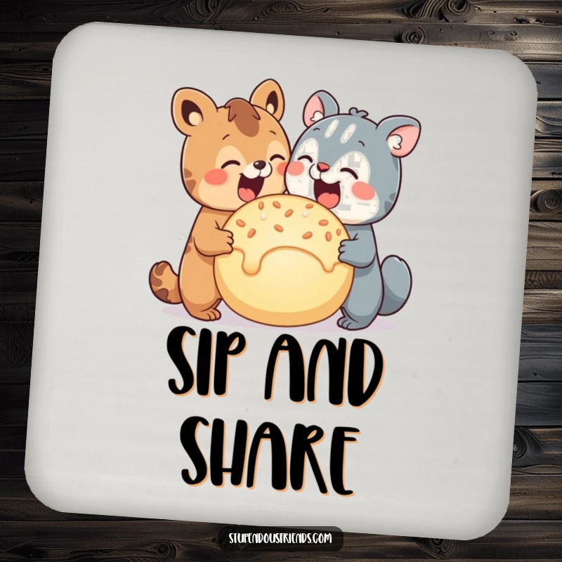 Funny coasters featuring two cute animal characters joyfully sharing a giant, luscious treat, protecting tabletops.