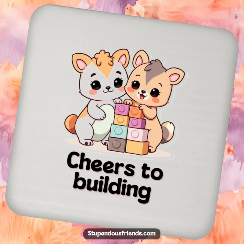 Funny Coasters: Proud animals building with blocks, protecting surfaces with humor, a perfect set for a funny gift.