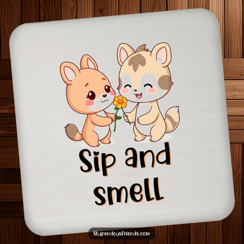 Funny drink coaster featuring a smiling animal character offering a flower, adding a touch of gentle beauty.