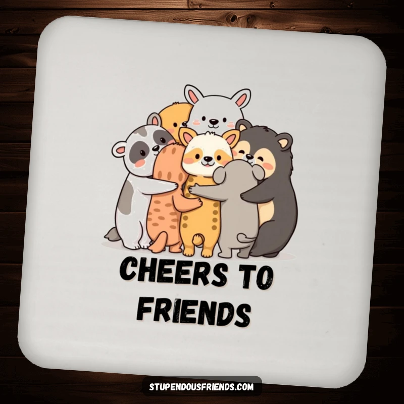 Funny animal friendship drink coaster, a group huddled together with arms around each other, protecting surfaces with warmth.