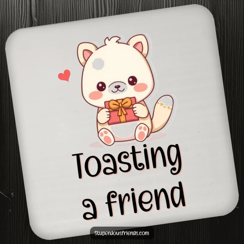 Funny drink coasters with an animal presenting a handmade gift, protecting surfaces with charm. A thoughtful funny gift.