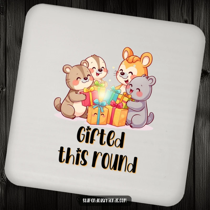 Funny drink coasters featuring smiling animal characters exchanging colorful gifts, protecting furniture with holiday cheer.
