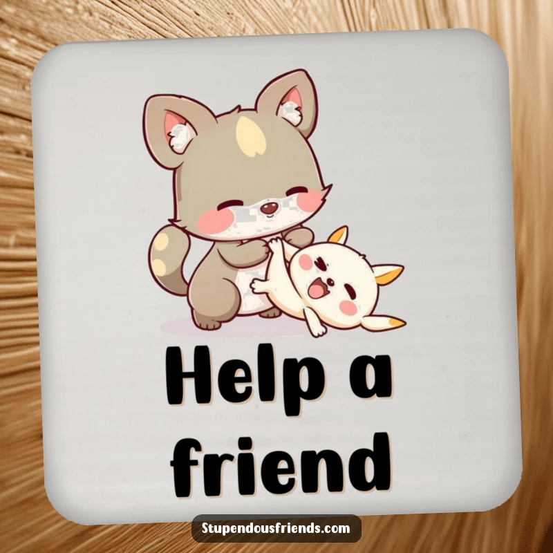 Funny Drink Coasters: A whimsical animal character helping another character up, adding a supportive touch to surfaces.