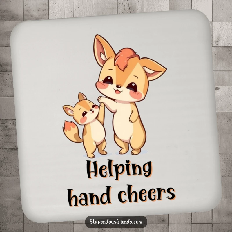 Funny drink coaster featuring an animal character extending a paw to help another, symbolizing support and care.