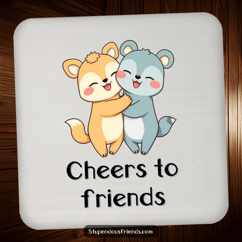 Funny hugging animals coaster with two cheerful creatures hugging, adding a touch of humor to drink protection.