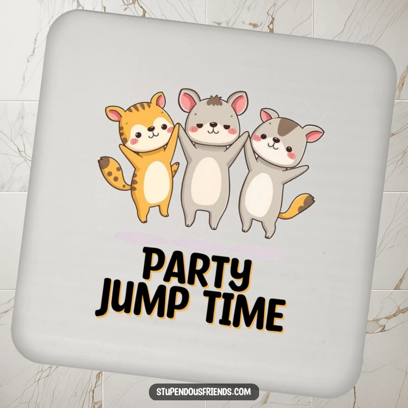 Funny drink coaster showcasing a group of animal characters holding hands and jumping in a circle, full of playful energy.