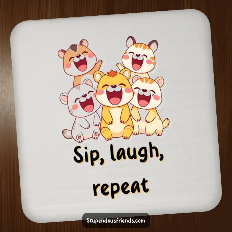 Funny Coasters: Animals laughing contagiously, adding humor and protection to tables, a perfect set for a funny gift.