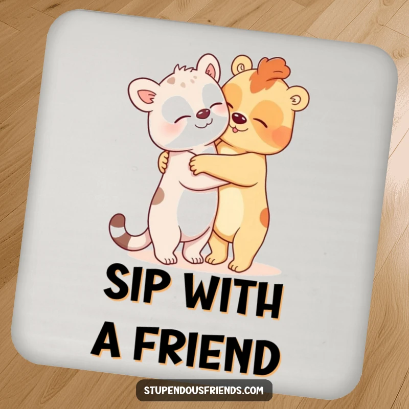 Funny Drink Coasters showcasing two animals in a comically oversized hug, adding a humorous and protective touch to any beverage setting.