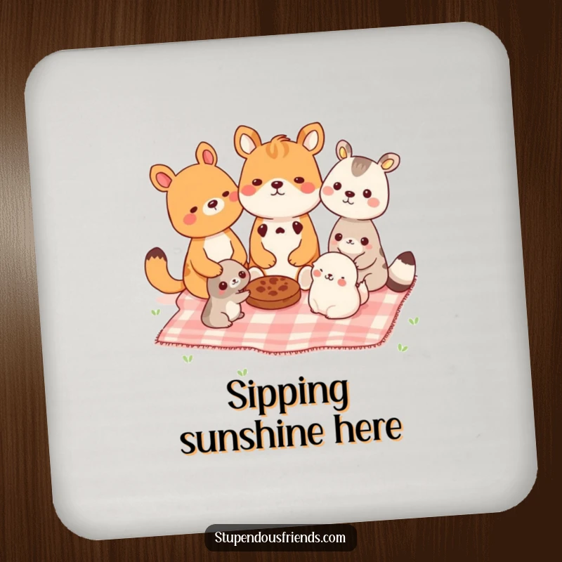 Funny drink coasters with animals sharing a picnic blanket, protecting surfaces with adorable humor. A protective funny gift.