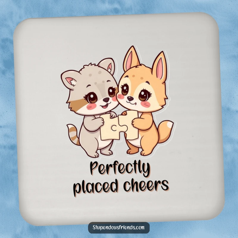 Funny drink coasters with a design of animals looking accomplished after completing a jigsaw puzzle, eyes sparkling.