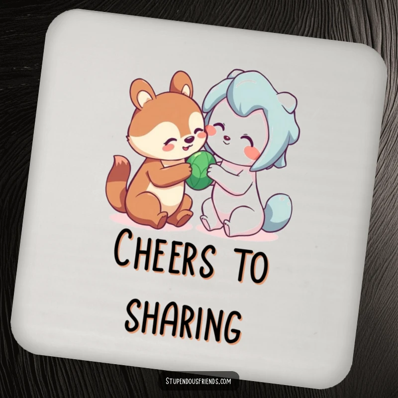 Funny sharing animal coaster with a cute creature playfully sharing a toy, adding a heartwarming touch to drink protection.