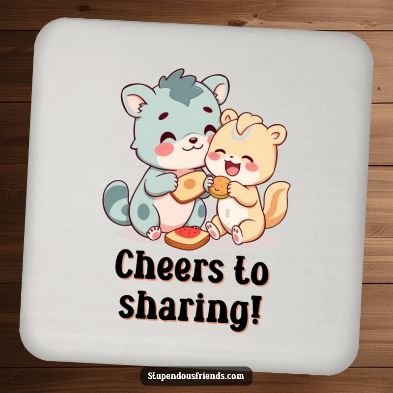 Funny Animal Coasters featuring characters sharing food joyfully, promoting friendship and generosity with a humorous and decorative touch.