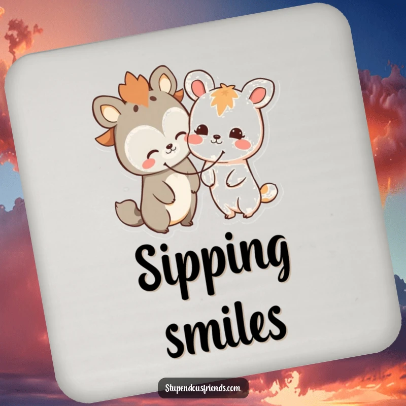 Funny happy animal friends drink coaster, two characters sharing a giant smiley face, protecting surfaces with cheer.