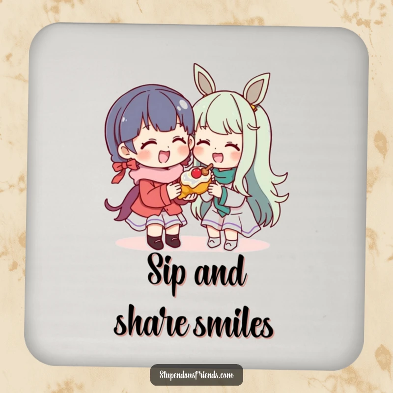 Funny Coasters: A character shares a delicious treat with a happy friend. These funny coasters add charm and protection.
