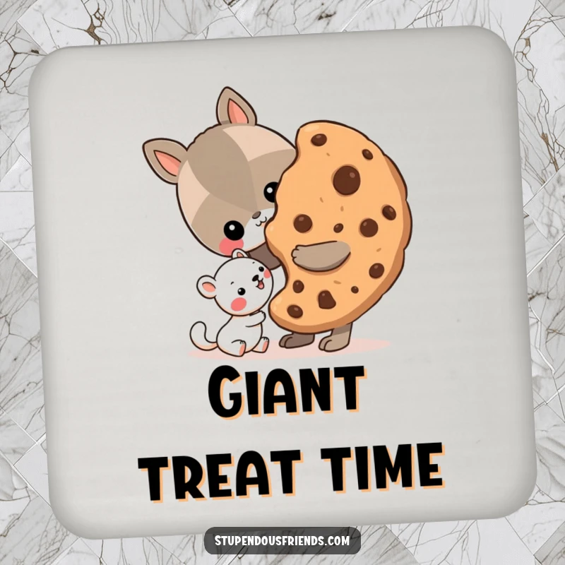 Funny Drink Coaster featuring an animal generously sharing a large cookie with a smaller friend, symbolizing kindness and friendship.