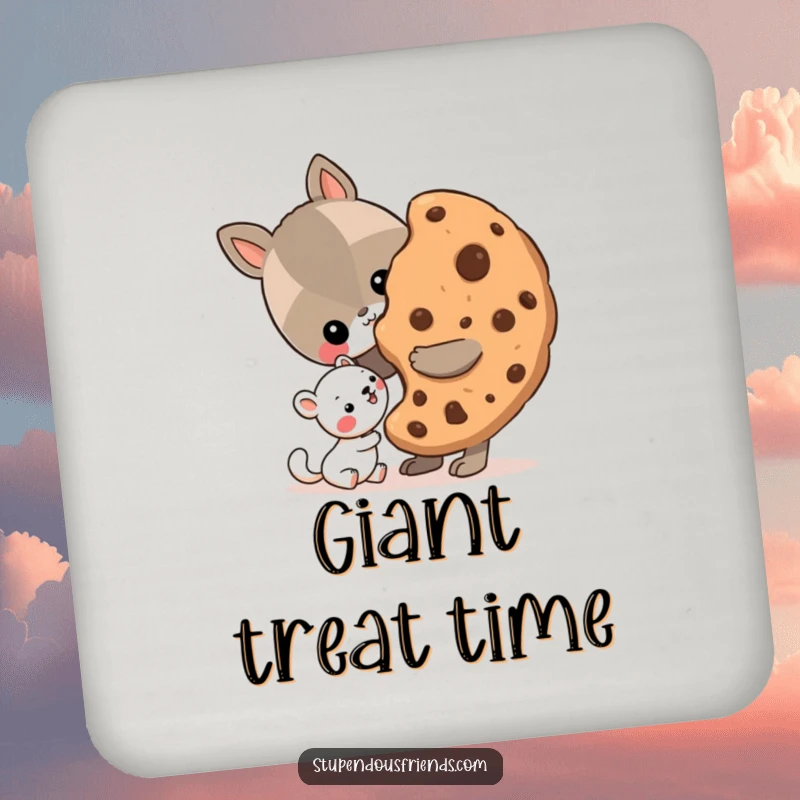 Funny Drink Coaster featuring an animal generously sharing a large cookie with a smaller friend, symbolizing kindness and friendship.