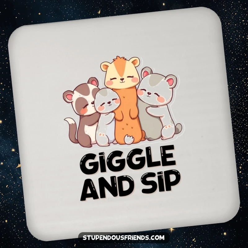 Funny coasters featuring a group of animal characters huddled together, sharing secrets and giggles, protecting tabletops.