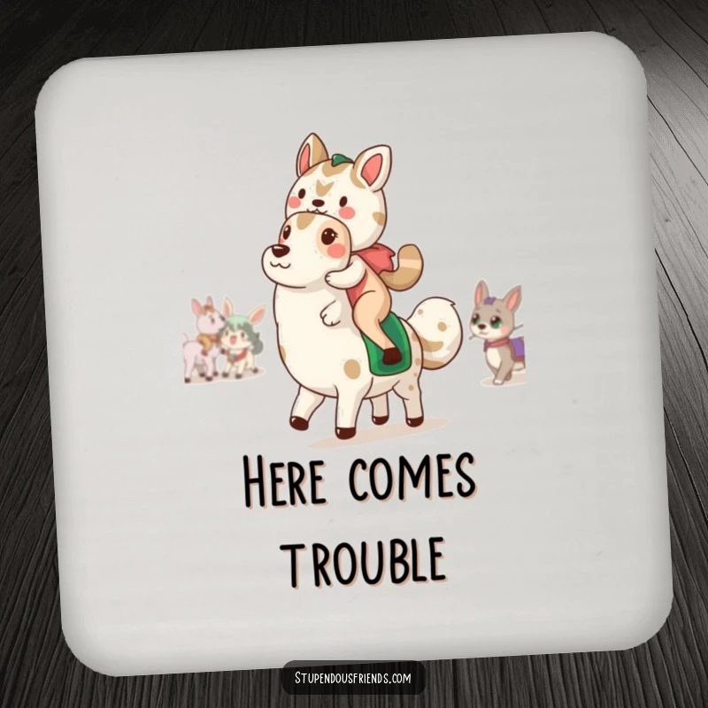 Funny Drink Coasters: A set featuring funny animal parade illustrations, protecting surfaces with cheerful and playful character designs.