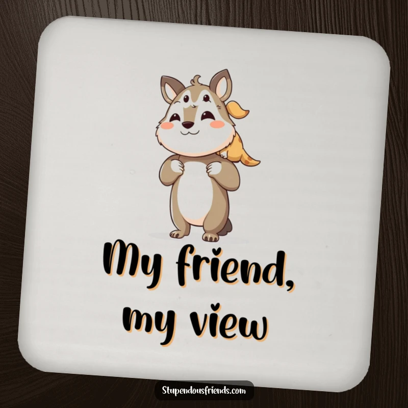Funny drink coasters showing an animal character lifting its friend, adding a humorous touch to drink protection.