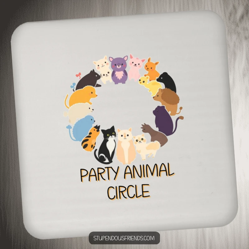Funny Drink Coaster with a circle of diverse animal silhouettes, perfect for protecting tables with a wild theme.