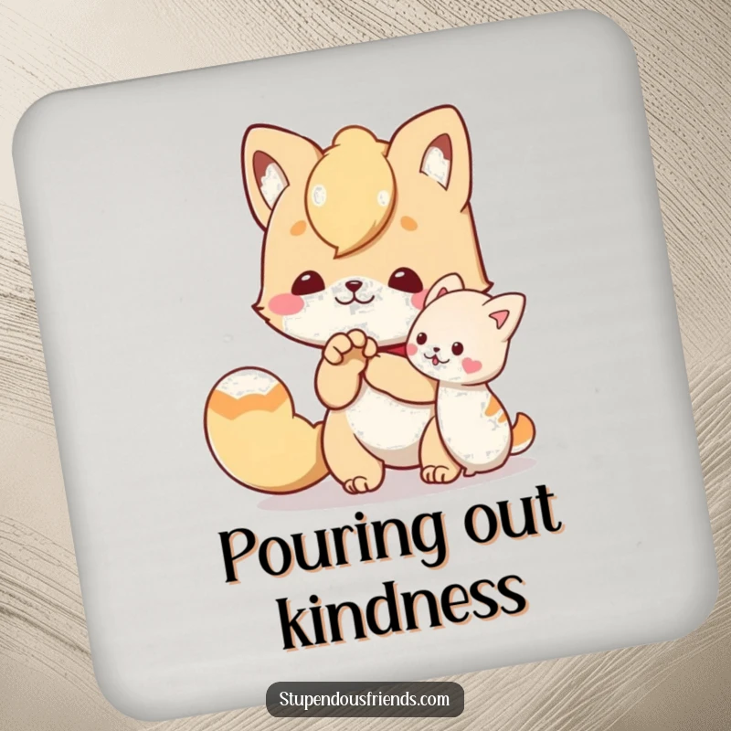 Funny drink coaster showing a character offering a helping paw to a friend, perfect for adding supportive humor to drink protection.
