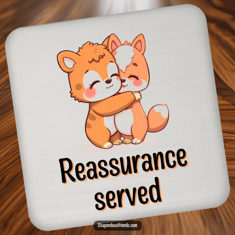 Funny drink coasters showing an animal character giving a warm hug, adding humor and comfort to drink protection.