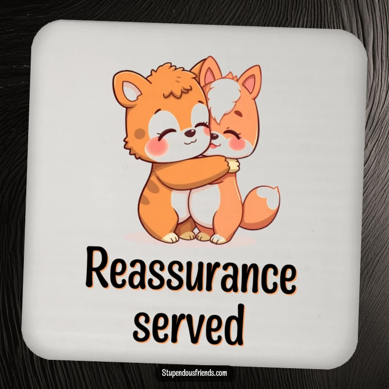 Funny drink coasters showing an animal character giving a warm hug, adding humor and comfort to drink protection.