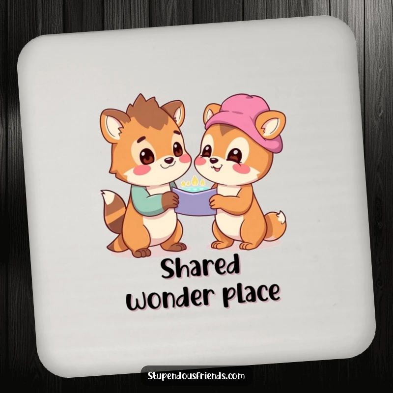 Funny Drink Coasters featuring two animals marveling at a shared discovery, adding humor to any surface.