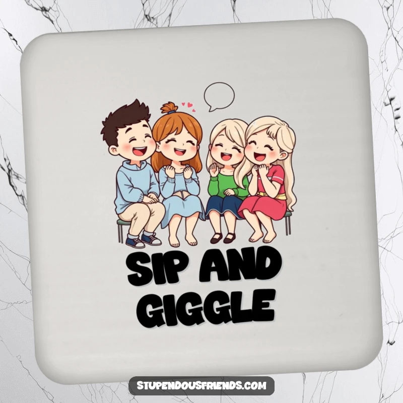 Funny drink coaster illustrating a group of friends laughing together while telling jokes, adding a humorous touch to any tabletop.
