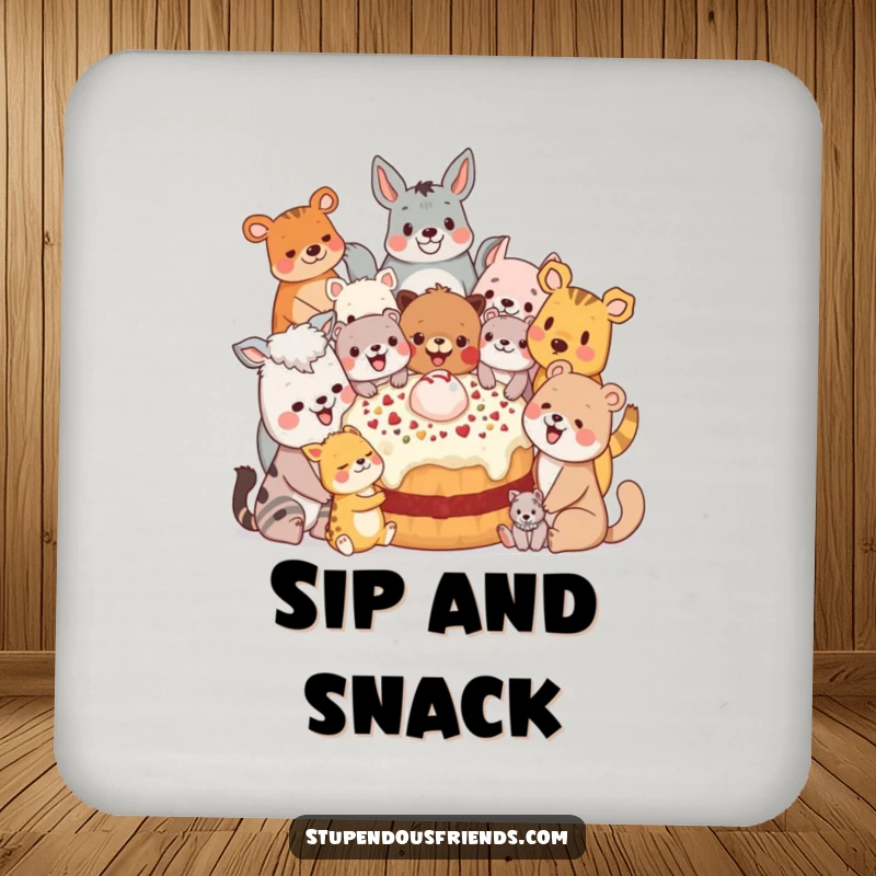 Funny Drink Coasters: A group of animal characters happily sharing a giant treat, adding a festive touch to surfaces.
