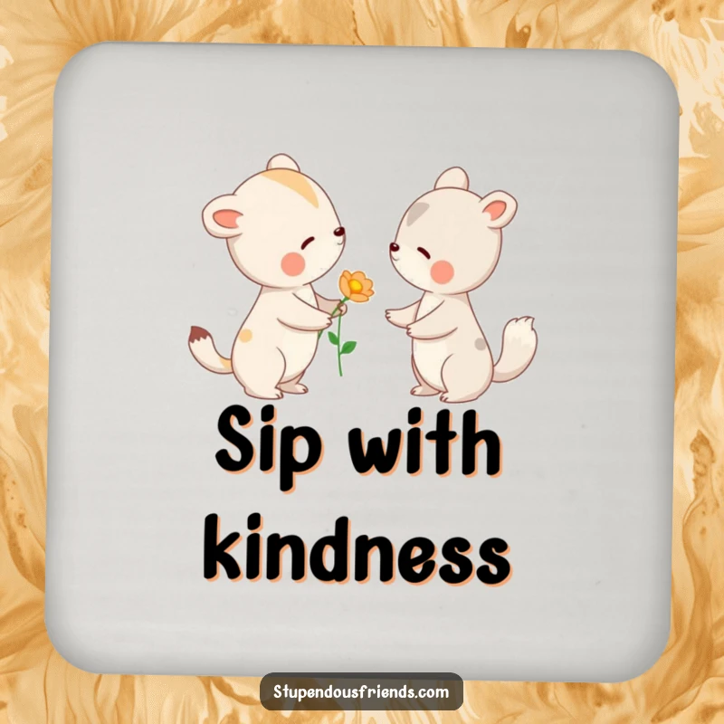 Funny drink coasters with an animal offering a flower to another with a gentle nod, symbolizing kindness and adding warmth to surfaces.