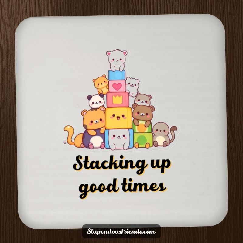 Funny drink coasters with animals building a block tower, offering protection and humor to tables. A protective funny gift.