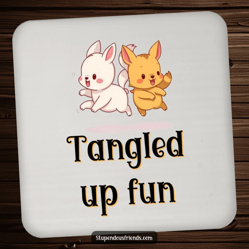 Funny drink coasters featuring a whimsical design of animals running, their tails playfully intertwined.