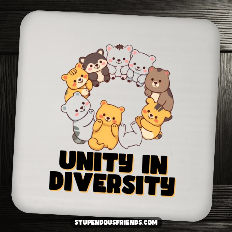 Funny drink coasters showing diverse animal characters in a unity circle, holding paws, adding humor and togetherness.