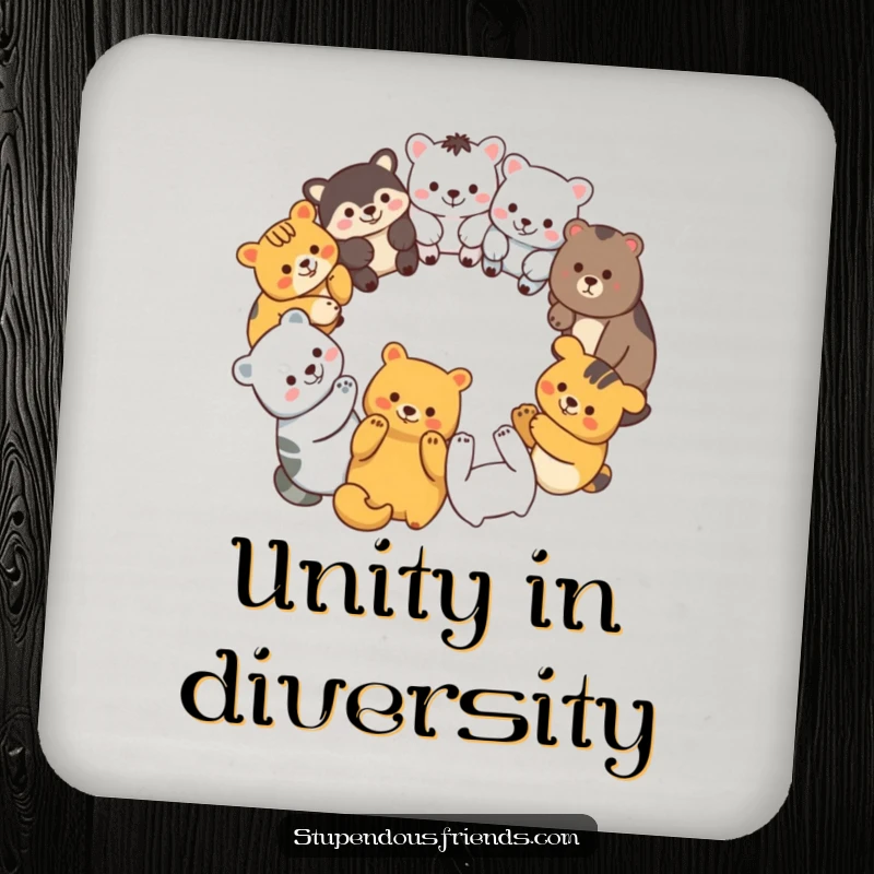 Funny drink coasters showing diverse animal characters in a unity circle, holding paws, adding humor and togetherness.