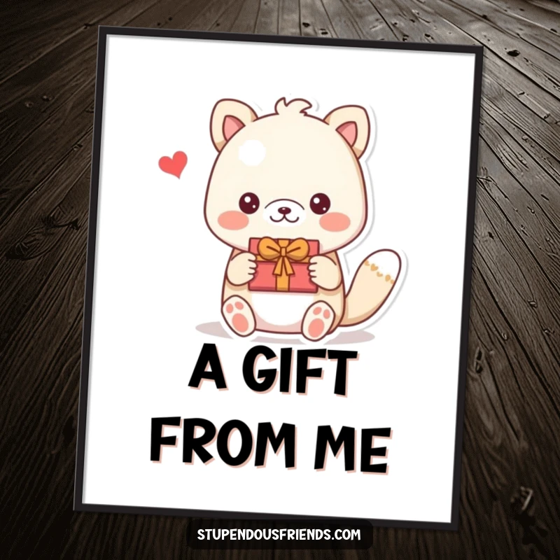 Funny poster featuring an animal giving a lovingly made gift, symbolizing friendship and generosity. A touching funny gift.