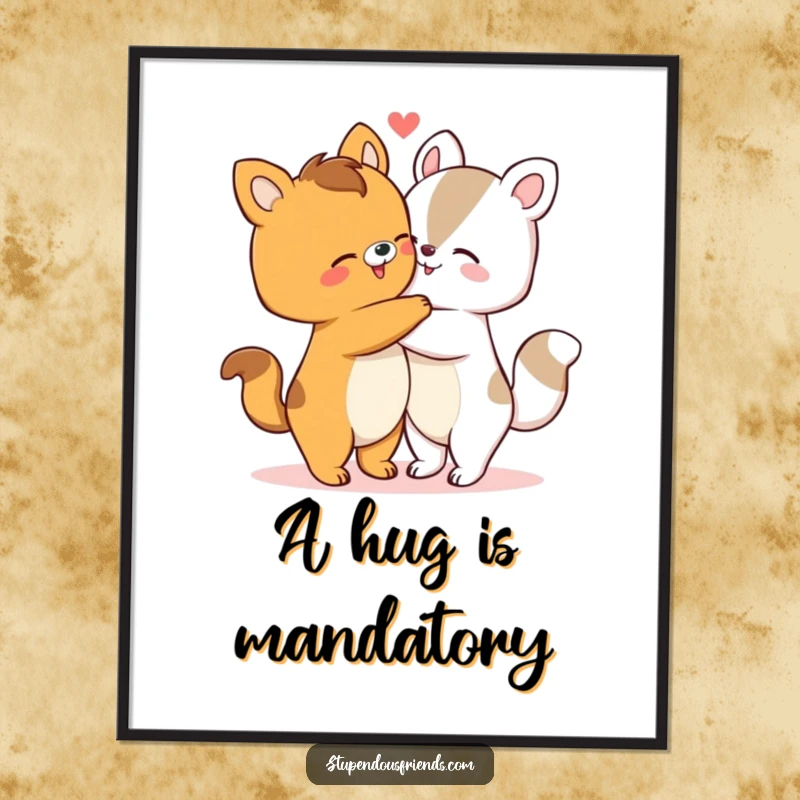 Funny poster featuring two animals locked in a sweet, genuine hug, symbolizing affection. A heartwarming funny gift.