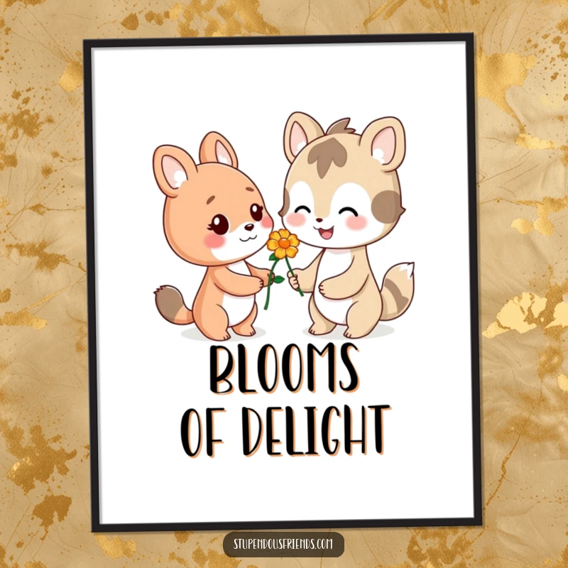Funny poster art of a smiling animal character presenting a lovely flower to another character, radiating warmth.