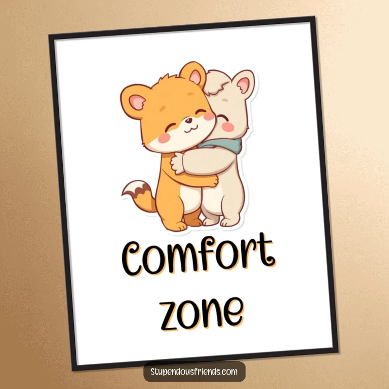 Funny poster, two endearing animal characters locked in a warm, comforting hug, expressing deep affection and the joy of togetherness.