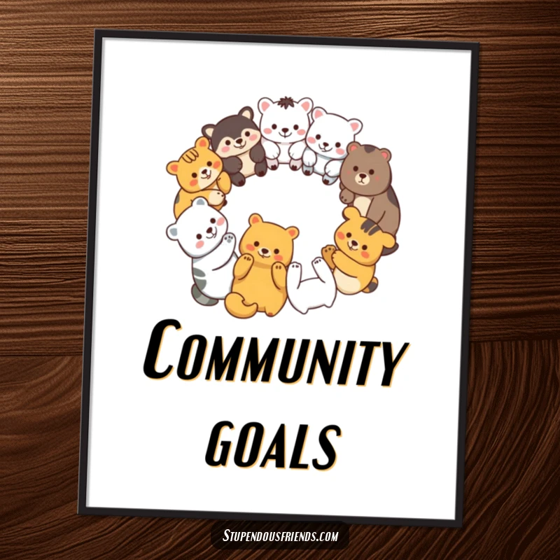 Funny poster art of diverse animal characters forming a smiling circle, holding paws, symbolizing strong bonds.