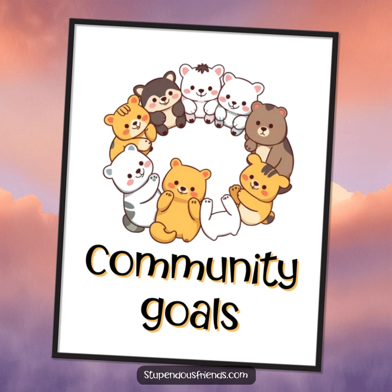 Funny poster art of diverse animal characters forming a smiling circle, holding paws, symbolizing strong bonds.