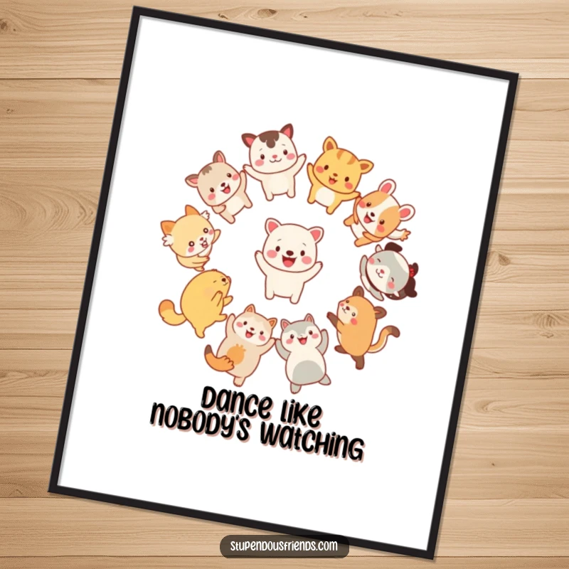Funny Poster: Adorable animals joyfully dancing in a dynamic circle, capturing infectious happiness, a perfect funny gift.