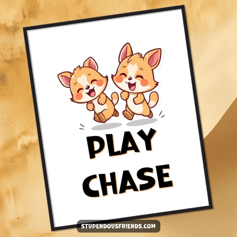 Funny poster depicting two animals in a spirited and joyful game of chase, adding a sense of movement and fun.