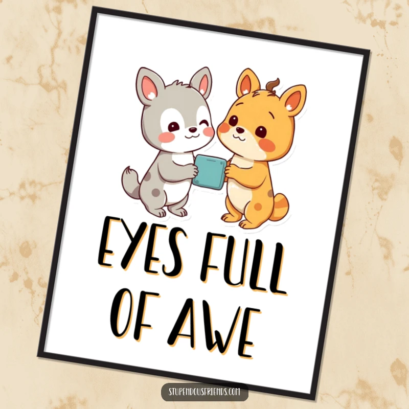 Funny poster art of two animal characters looking with delight at a wondrous, shared discovery, symbolizing amazement.