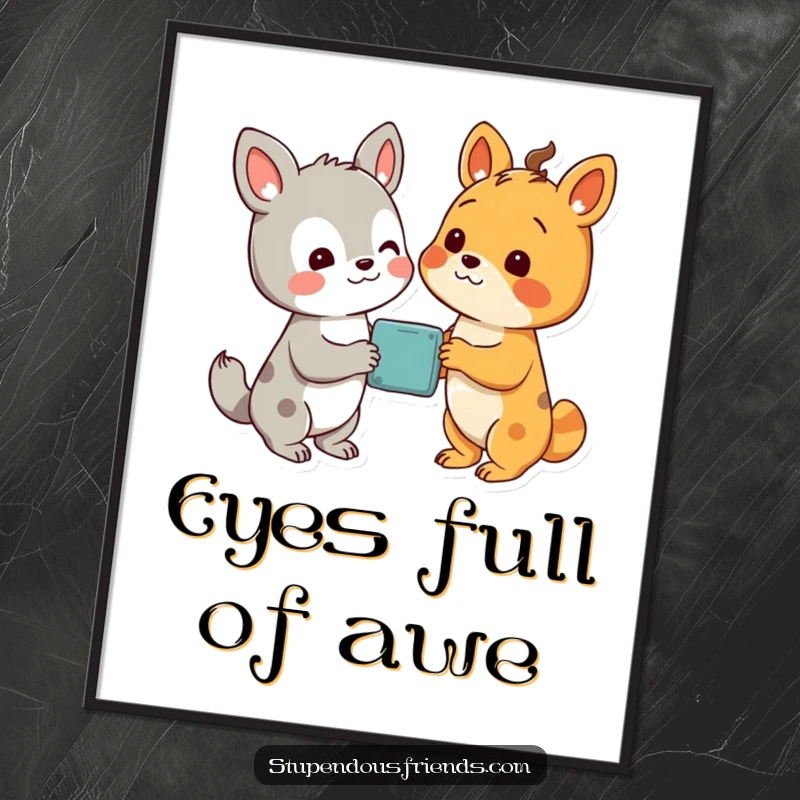 Funny poster art of two animal characters looking with delight at a wondrous, shared discovery, symbolizing amazement.