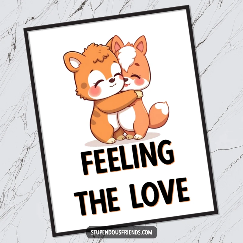 Funny poster art of an animal character giving a warm, comforting hug, capturing the essence of friendship and care.