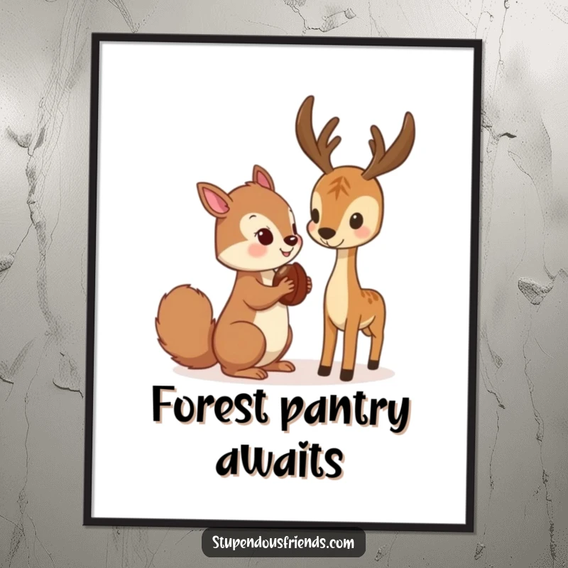Funny Poster print of a squirrel giving a nut to a deer, capturing a moment of woodland generosity and humor.