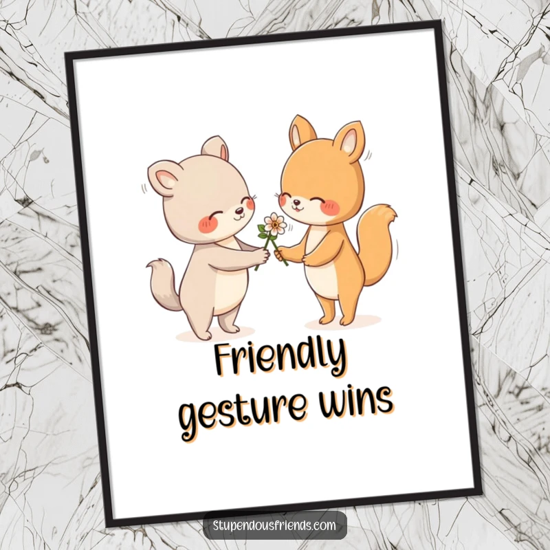Funny Poster showing an animal extending a flower with a gentle and friendly gesture, conveying warmth and affection.